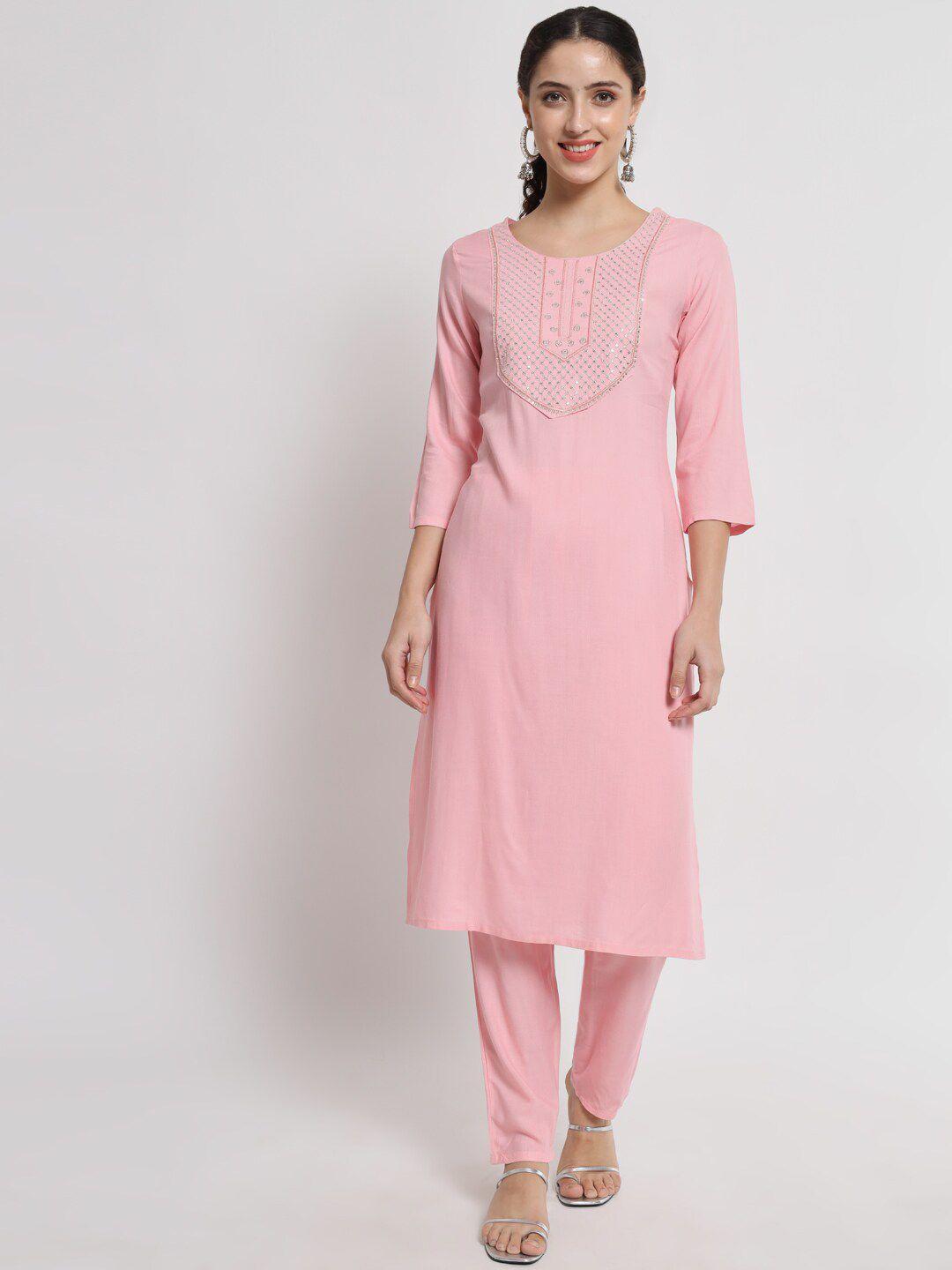 barkha fab women pink embroidered sequinned kurta with trousers