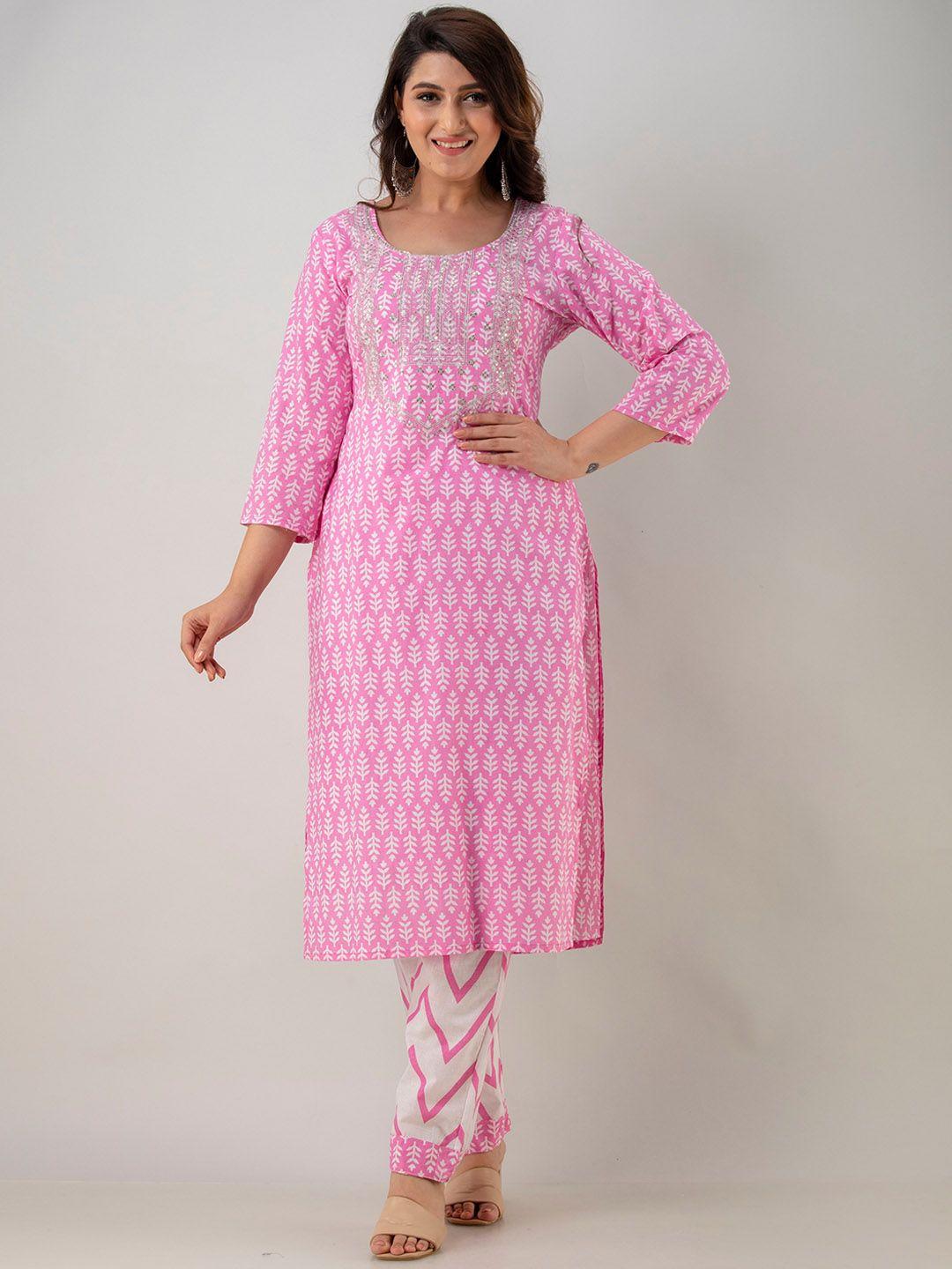 barkha fab women pink floral printed and thread work pure cotton kurta with trouser