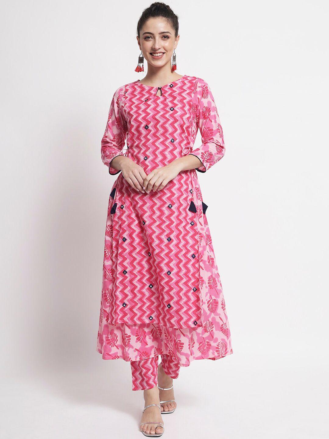 barkha fab women pink printed thread work pure cotton kurta with trousers