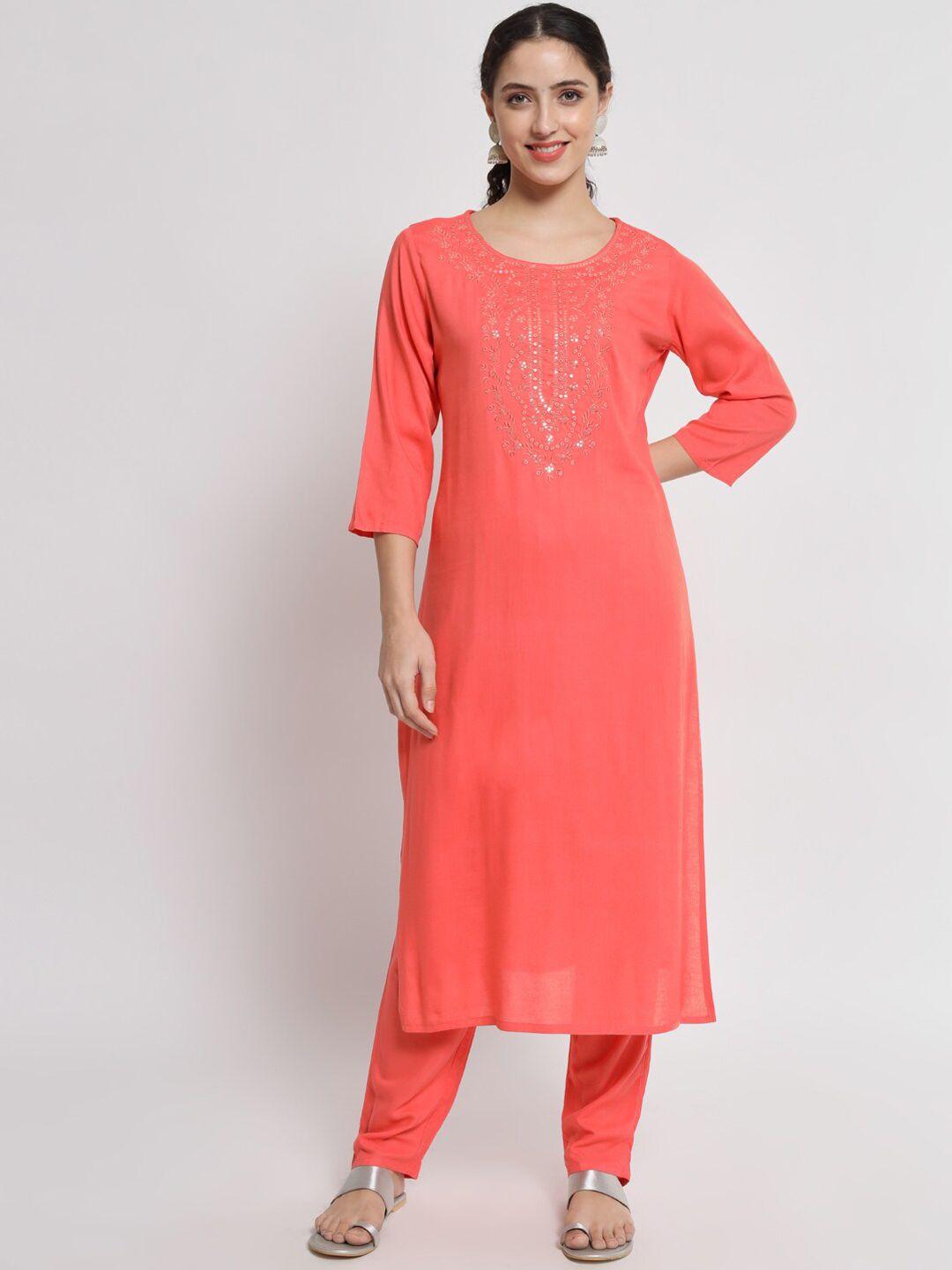 barkha fab women red embroidered sequinned kurta with trousers