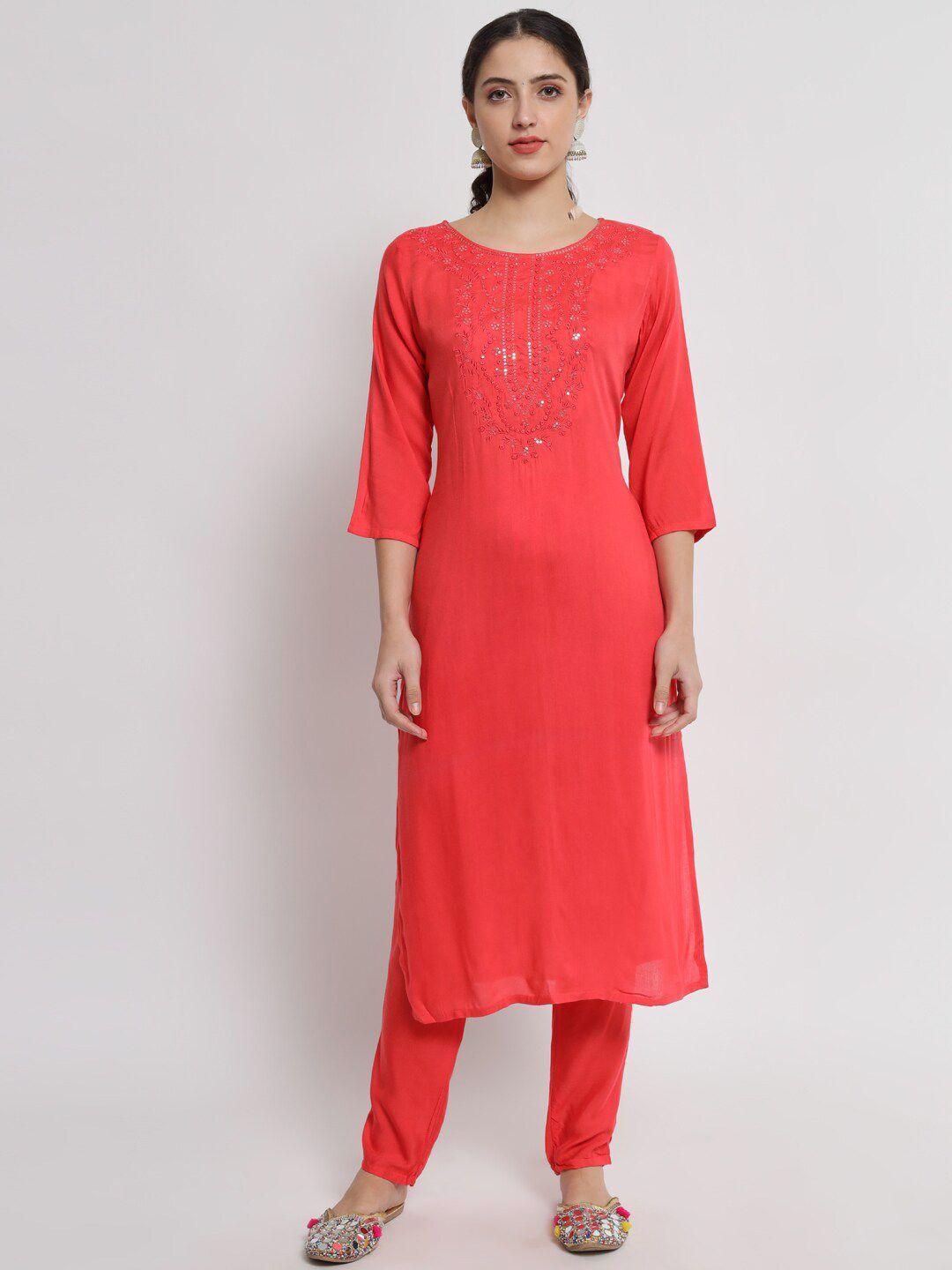 barkha fab women red embroidered sequinned straight kurta with trousers