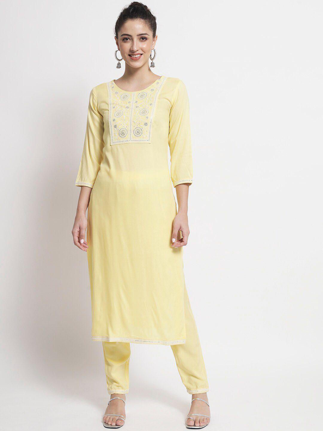 barkha fab women yellow yoke design sequinned kurta with trouser set