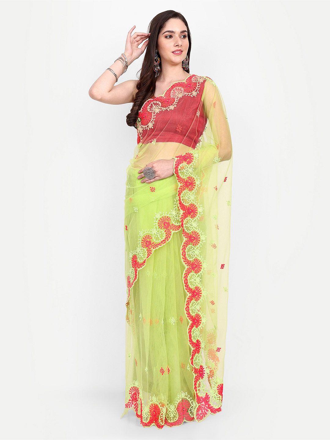 barkiya creation green & red ethnic motifs beads and stones net saree