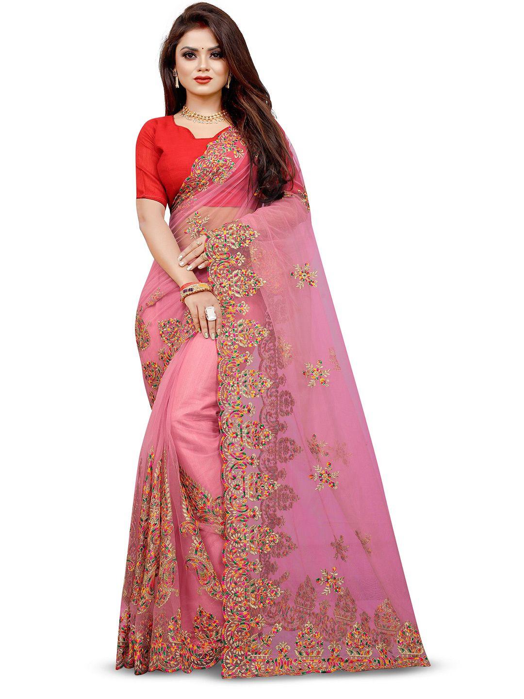 barkiya creation pink embellished embroidered net saree