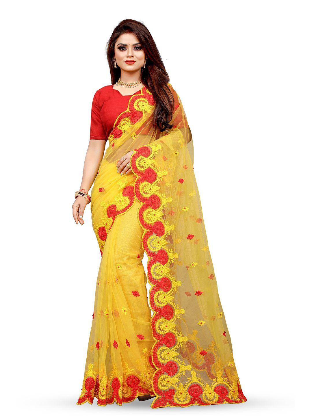 barkiya creation yellow & red floral embroidered net saree