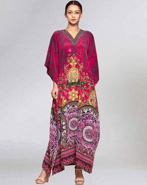 baroque print kaftan dress with mirror-work neckline