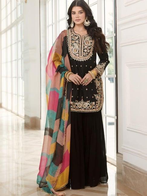 basanti kapde aur koffee black embroidered sharara with kurta and dupatta