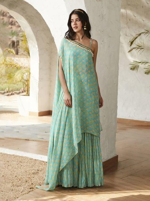 basanti kapde aur koffee firozi resort tunic with sharara and cover-up