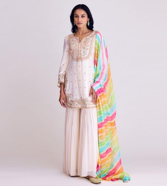 basanti kapde aur koffee ivory sharara set with multicolored dupatta