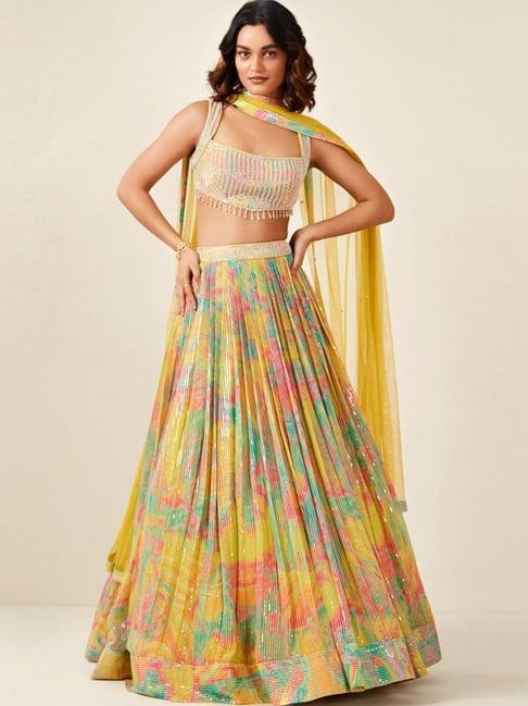 basanti kapde aur koffee multicolor printed lehenga with blouse and dupatta