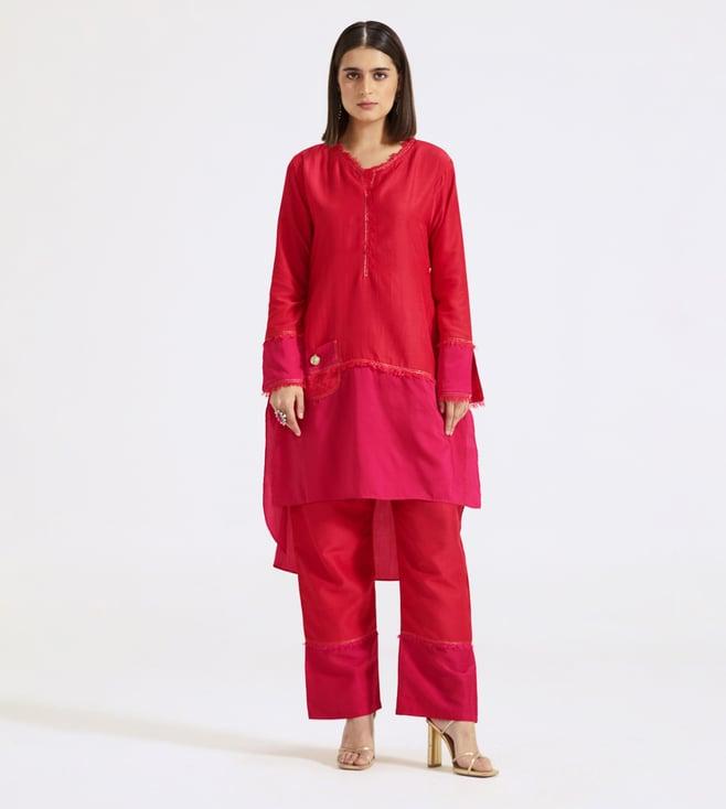 basanti kapde aur koffee red evolve color block kurta with pant co-ord set