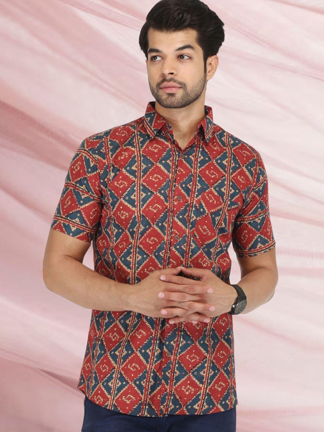 base 41 slim fit geometric printed spread collar cotton casual shirt