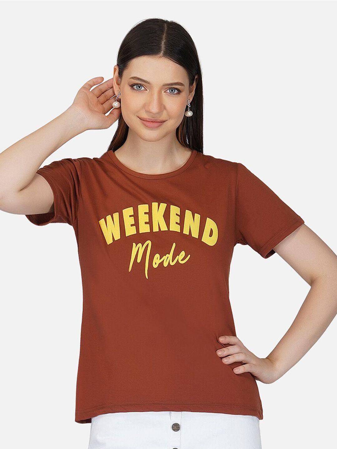 base 41 women brown typography printed v-neck applique slim fit t-shirt