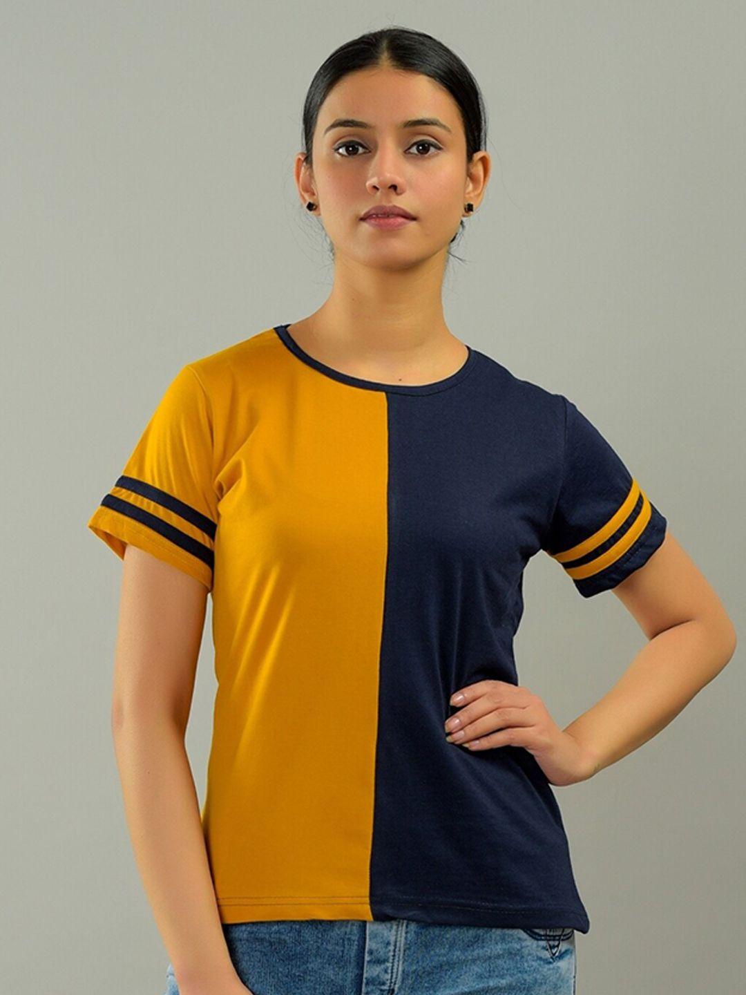 base 41 women mustard yellow colourblocked slim fit t-shirt