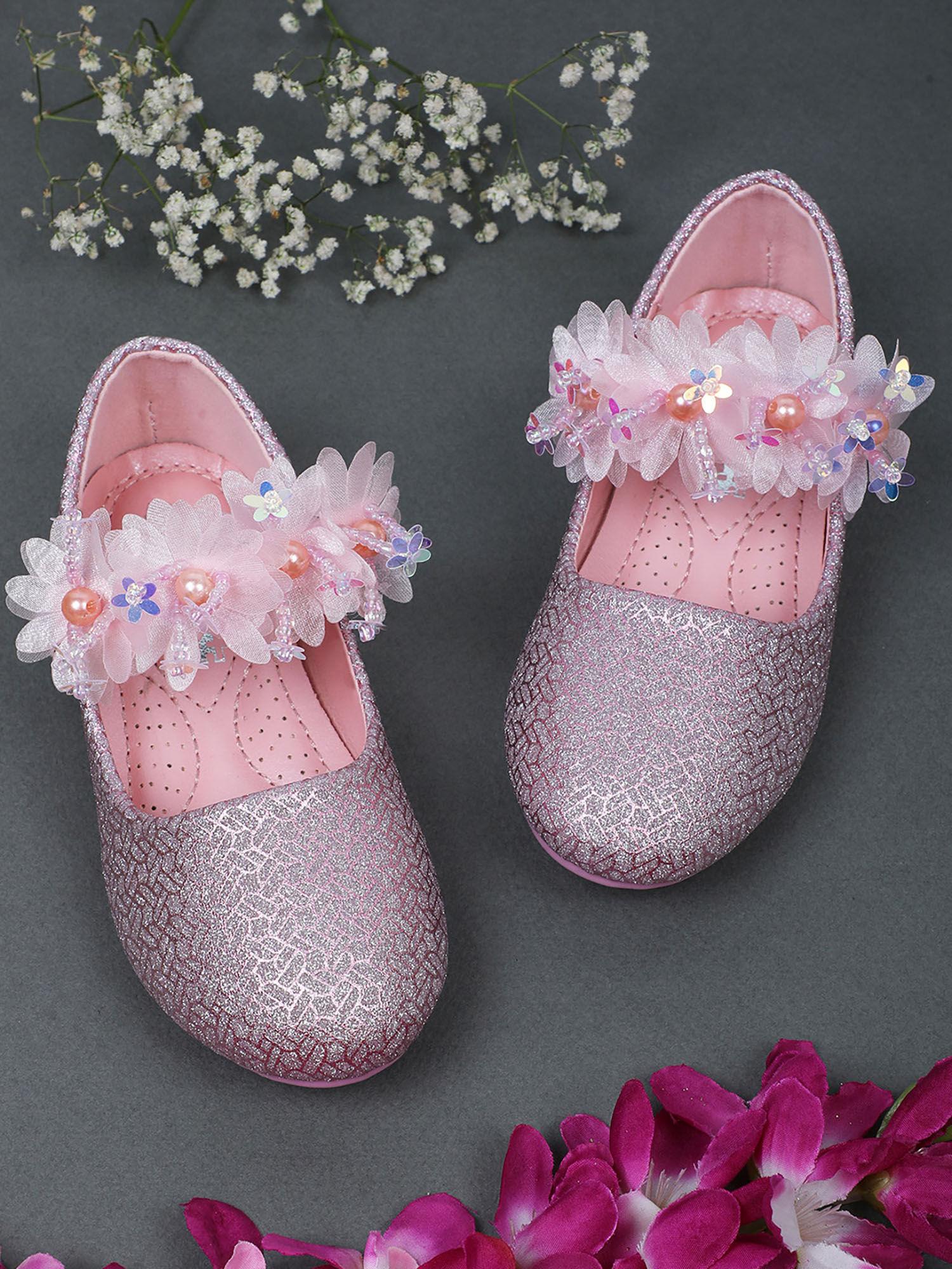 bash kids shiny floral applique mary jane ballerinas pink