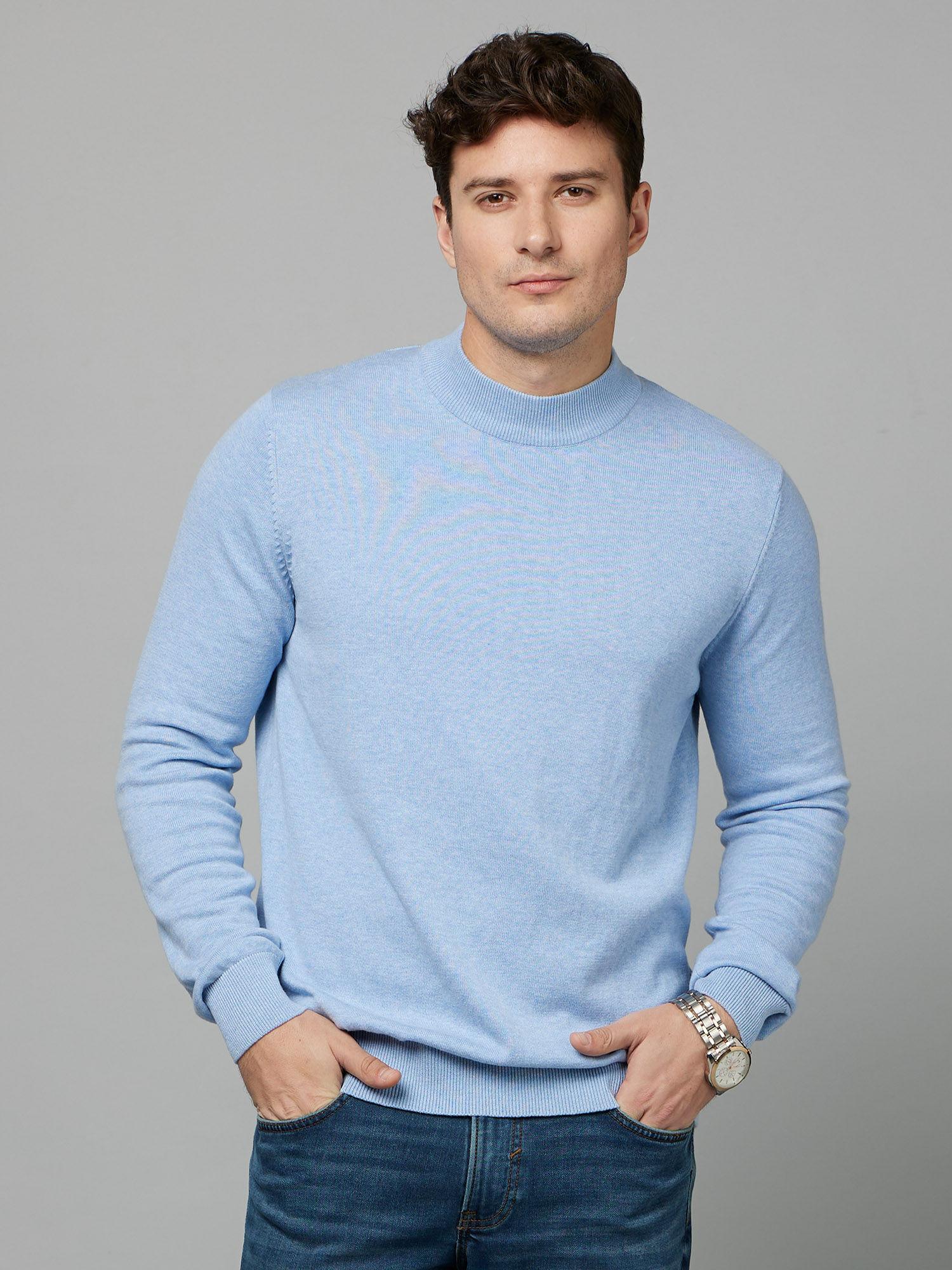 basic solid blue long sleeves high neck sweater