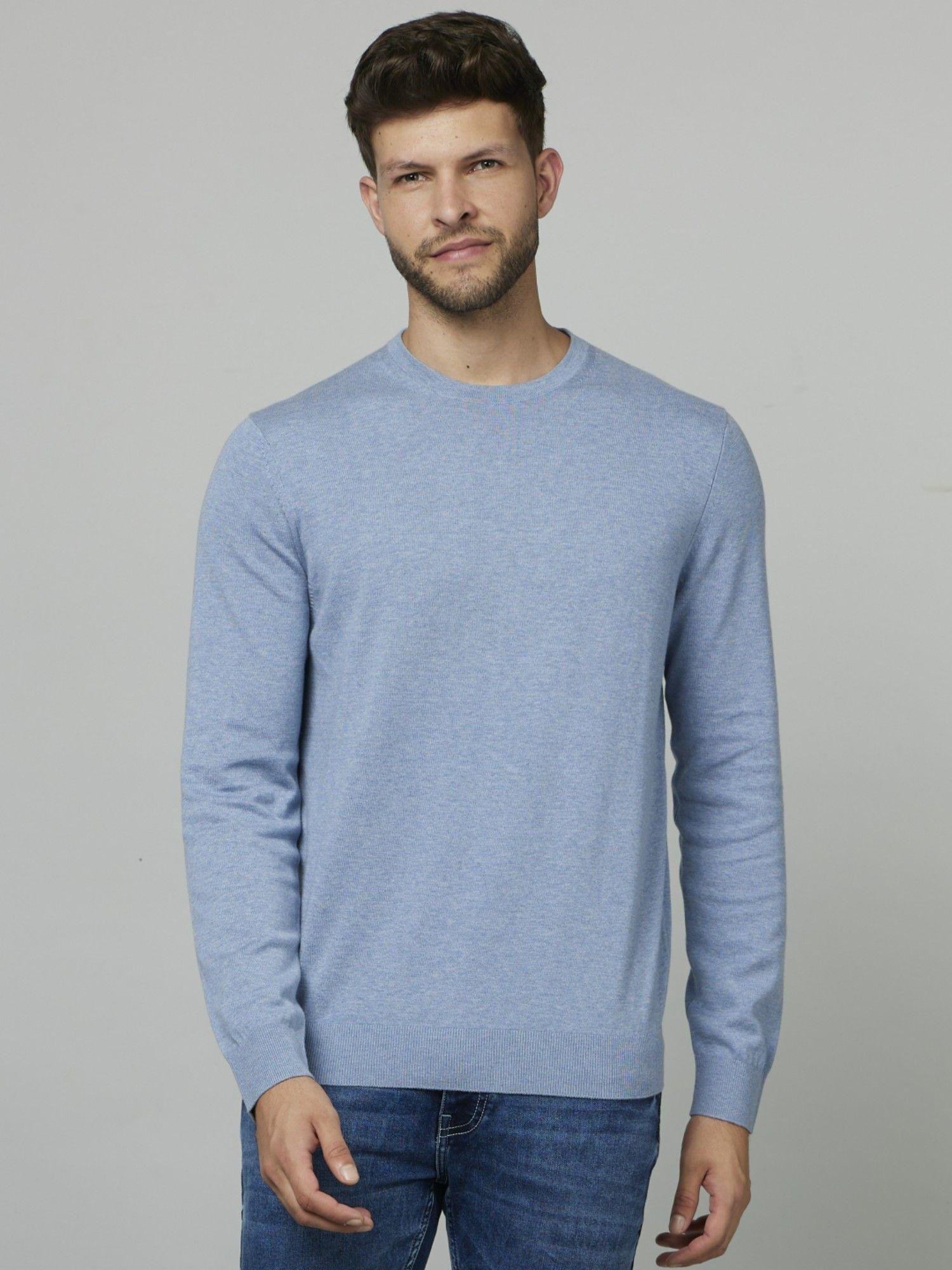 basic solid blue long sleeves round neck sweater