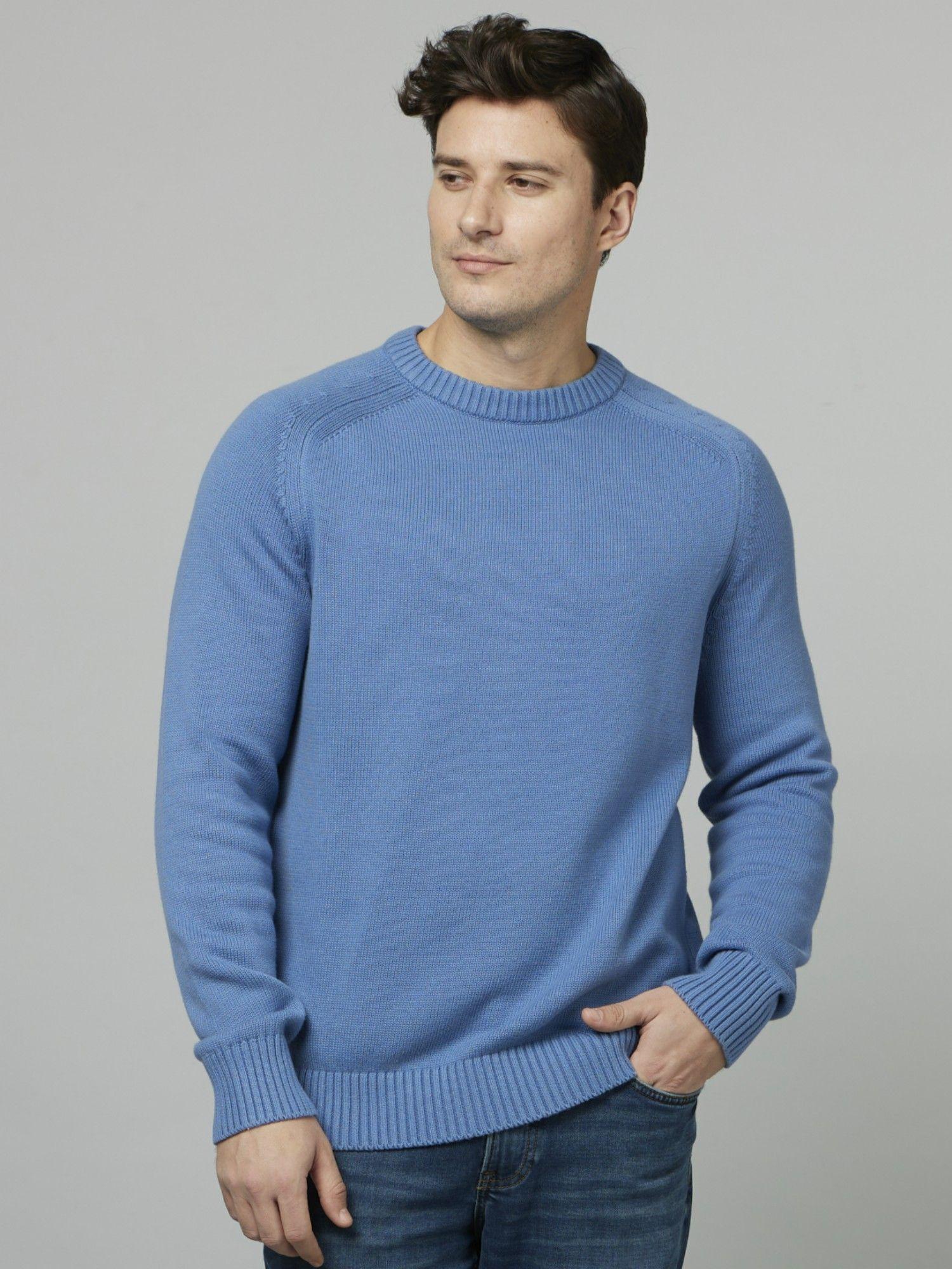 basic solid blue long sleeves round neck sweater