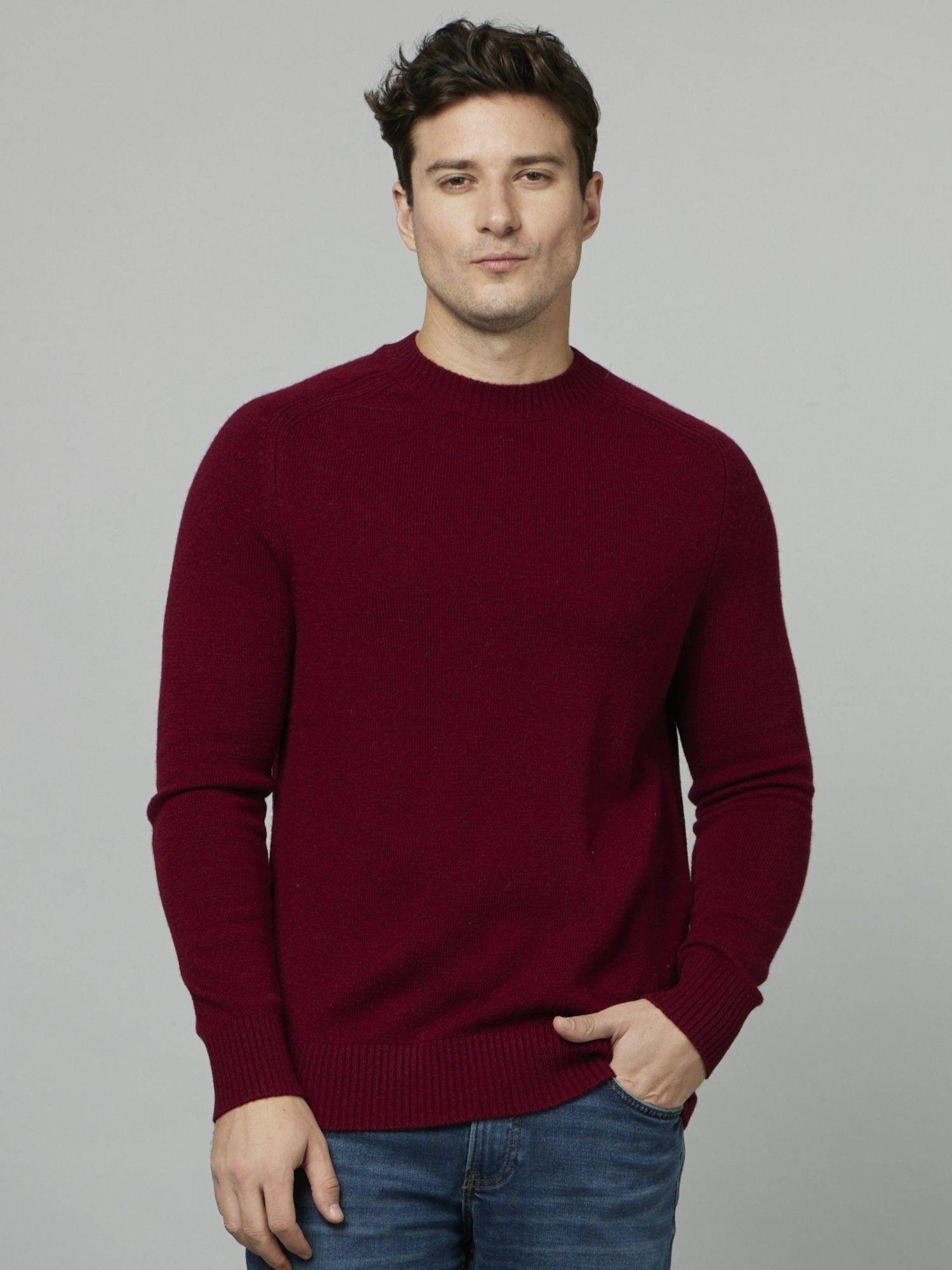 basic solid maroon long sleeves round neck sweater