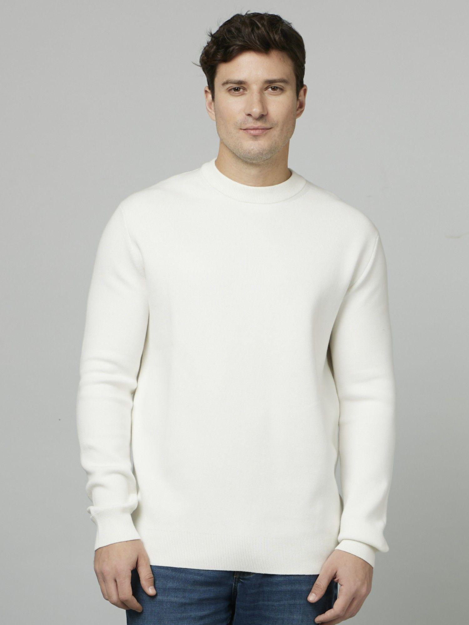 basic solid white long sleeves round neck sweater