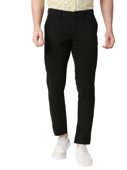 basics black cotton tapered fit trousers
