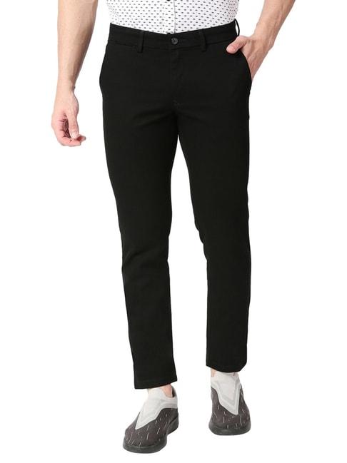 basics black tapered fit self pattern trousers