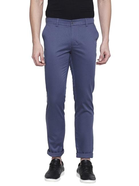 basics blue tapered fit self pattern trousers