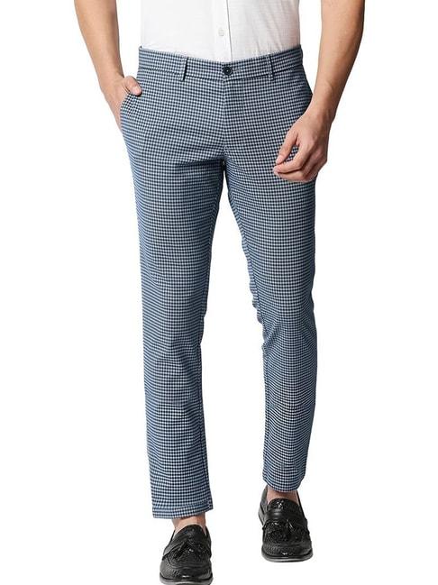 basics copen blue cotton tapered fit checks trousers