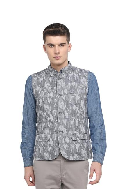 basics light grey printed mandarin collar waistcoat