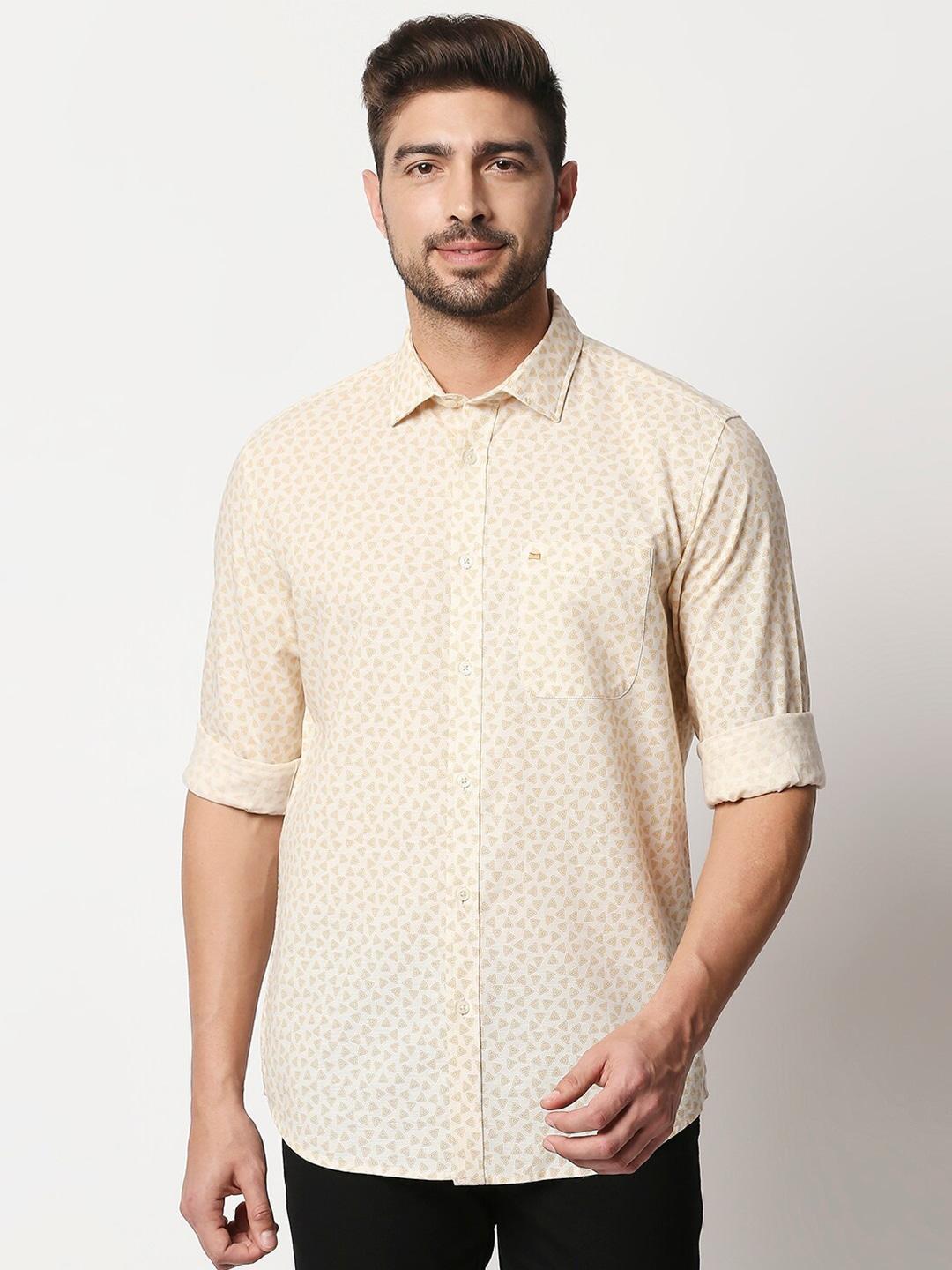 basics men beige slim fit geometric print casual shirt