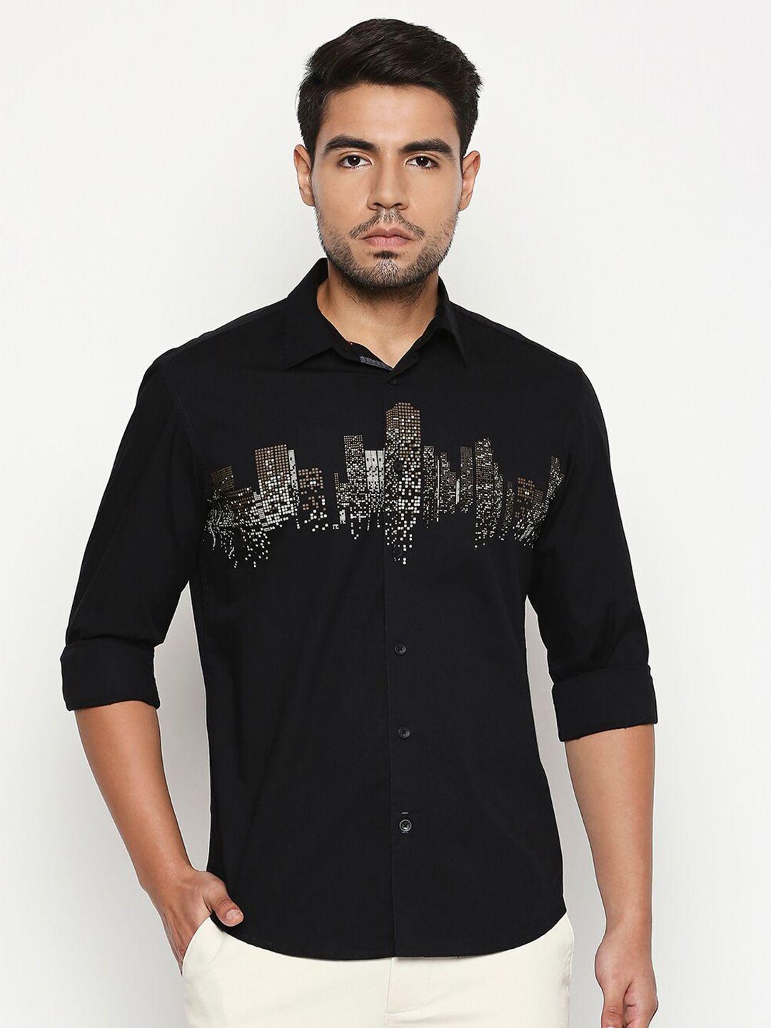 basics men black slim fit chest line printed casual shirt