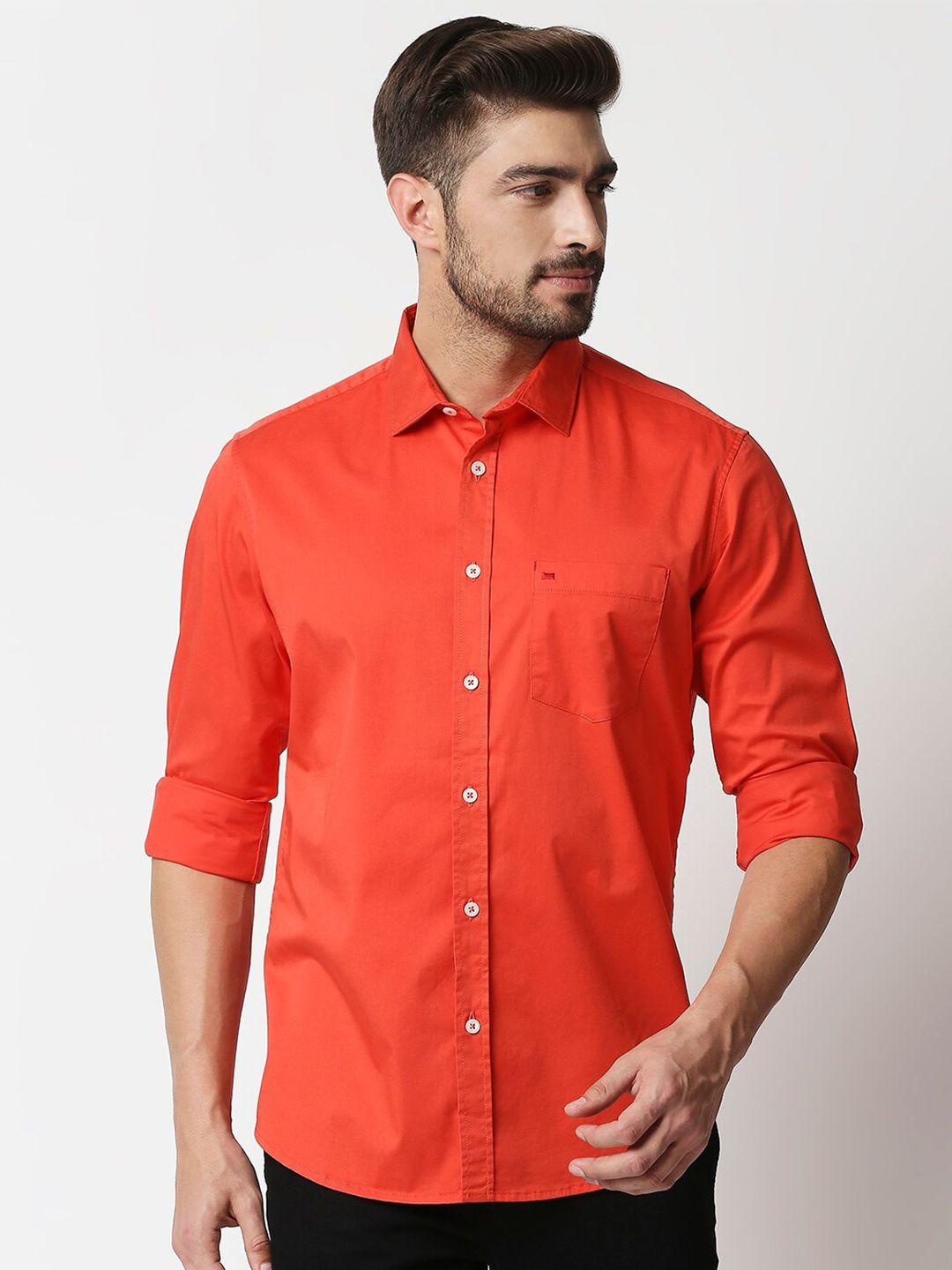 basics men coral pink solid slim fit casual shirt