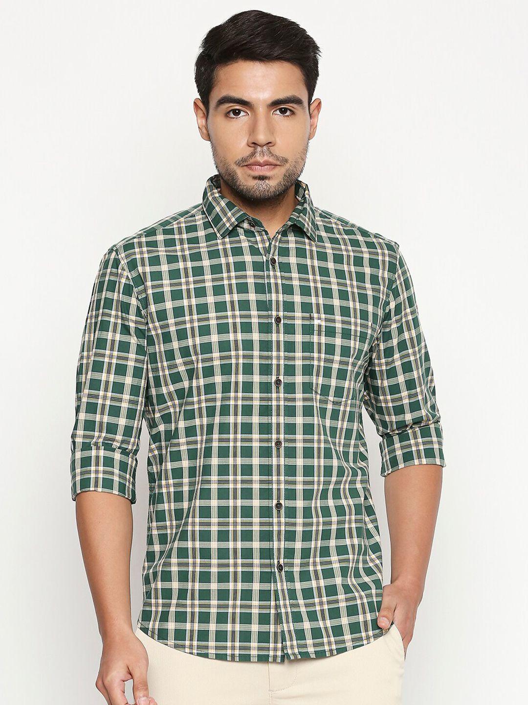 basics men green slim fit checked casual shirt