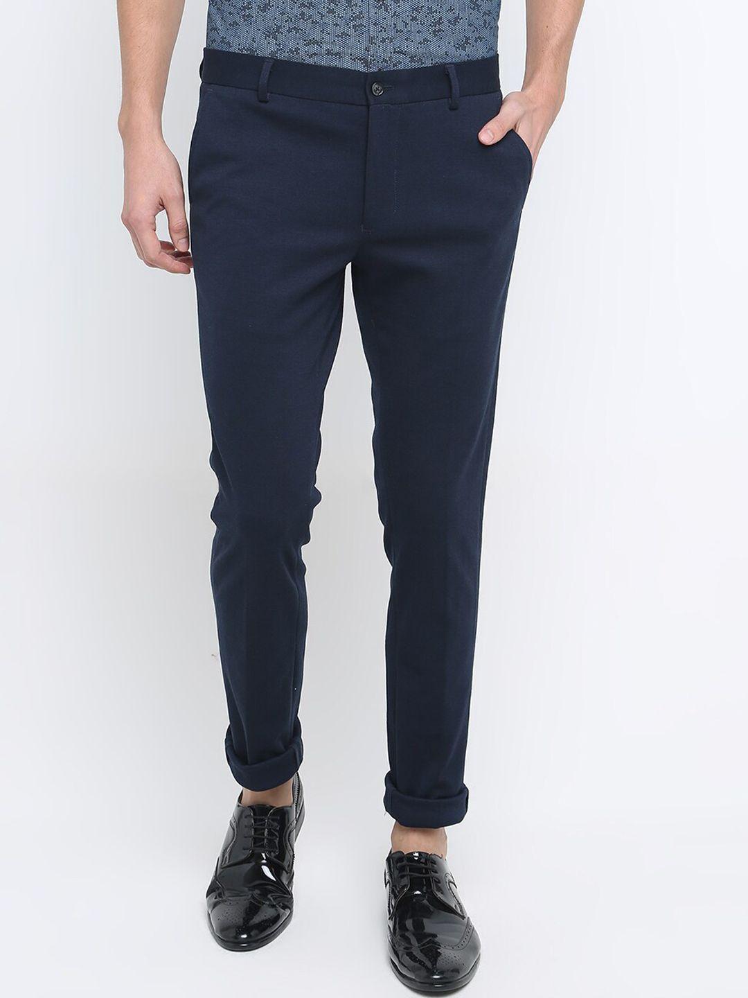 basics men navy blue tapered fit chinos trousers