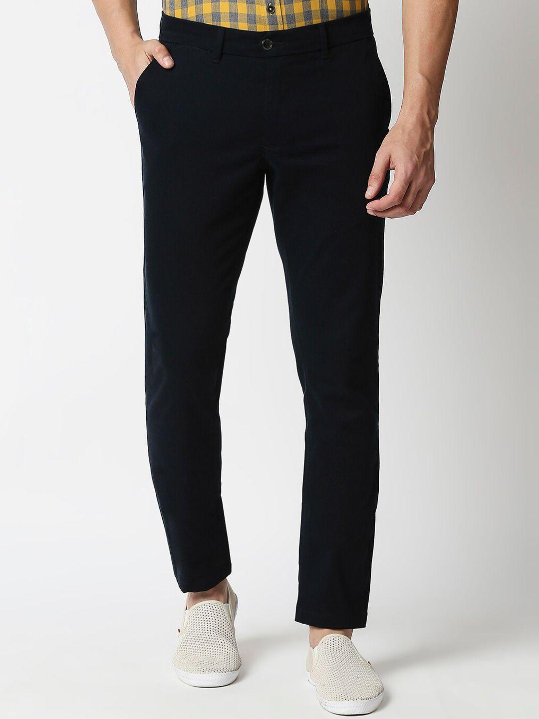 basics men navy blue tapered fit trousers