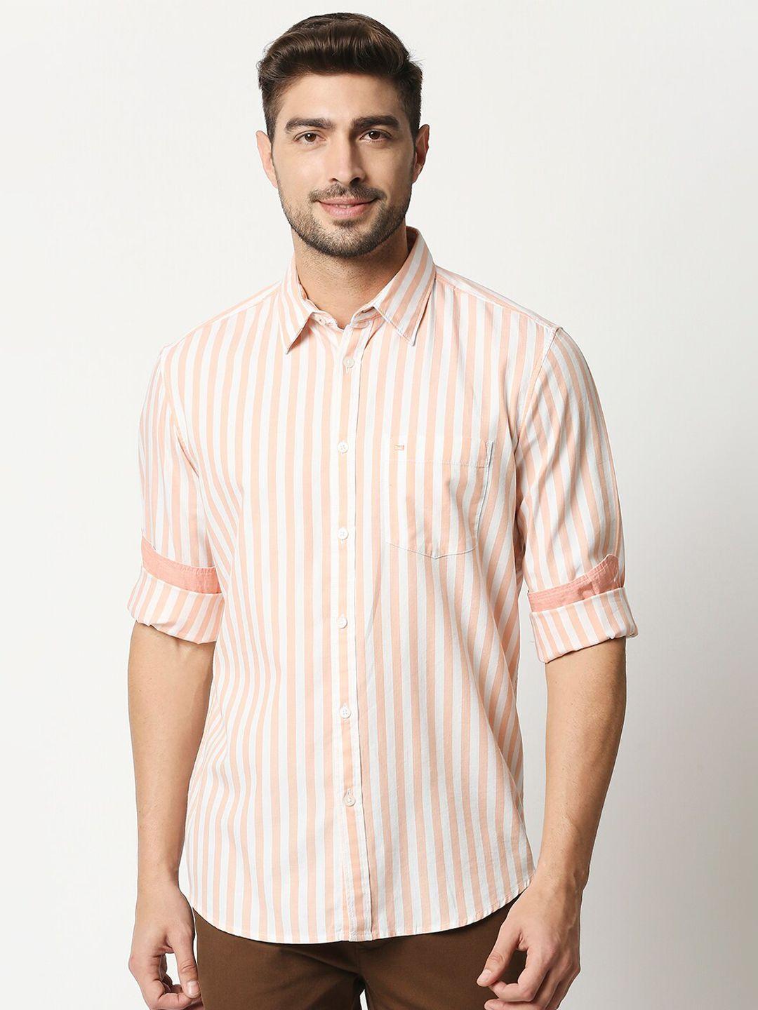 basics men orange slim fit striped casual shirt