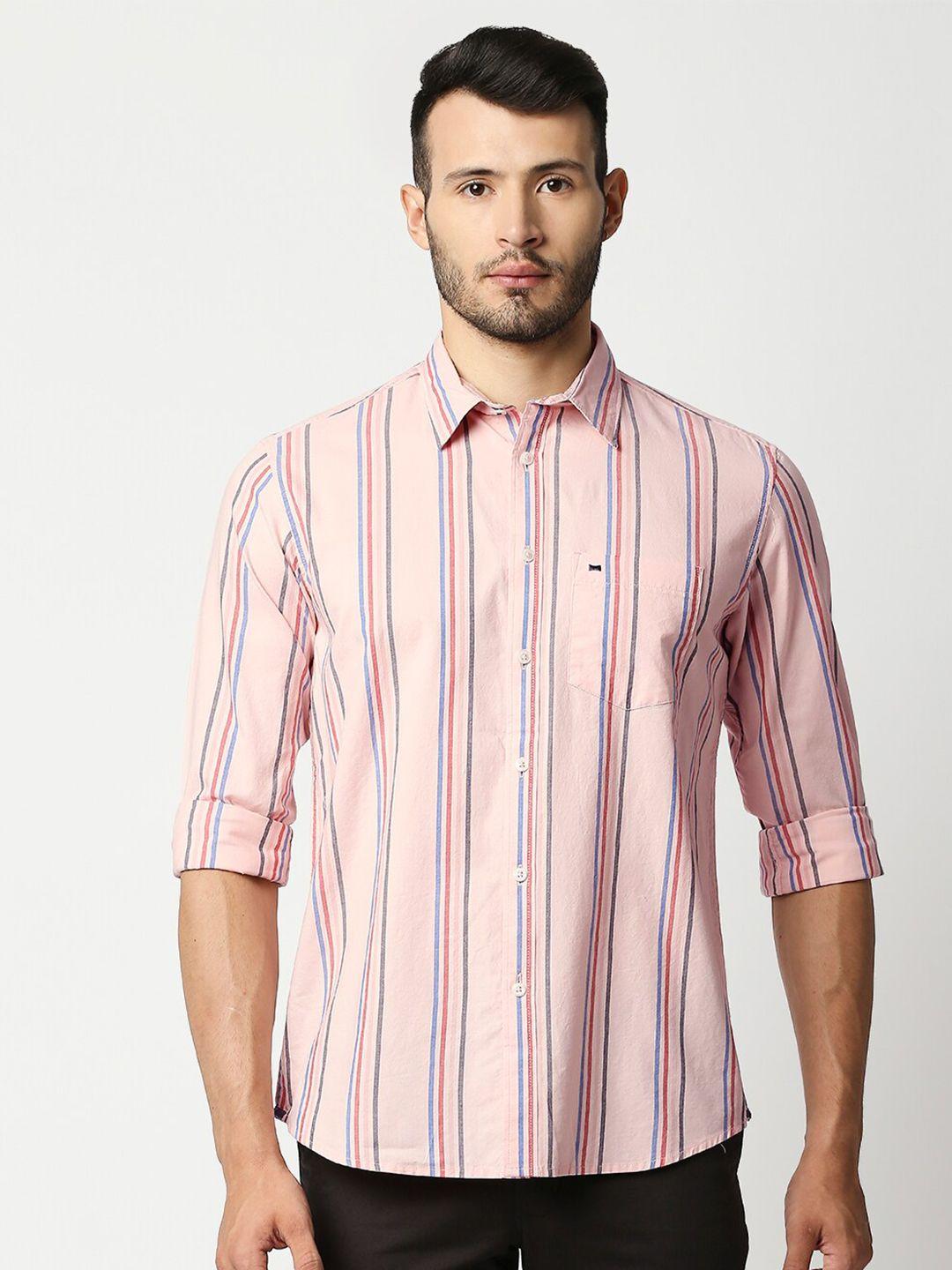 basics men pink slim fit striped casual shirt