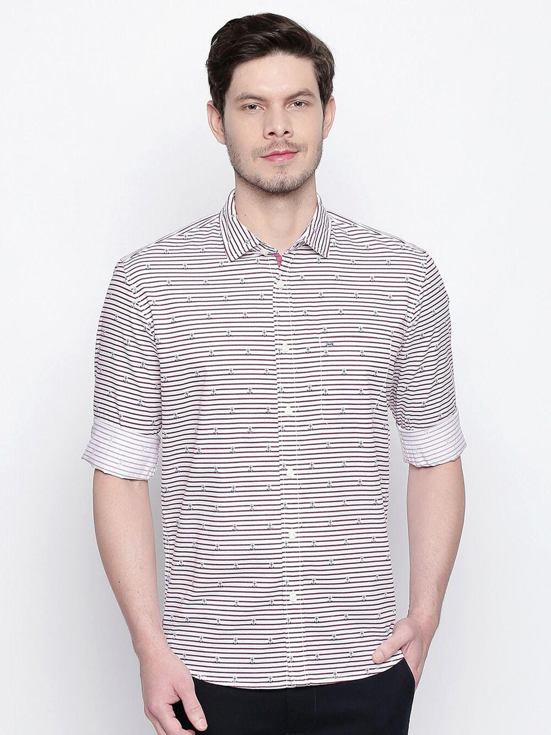 basics men red & white slim fit horizontal printed twill cotton casual shirt