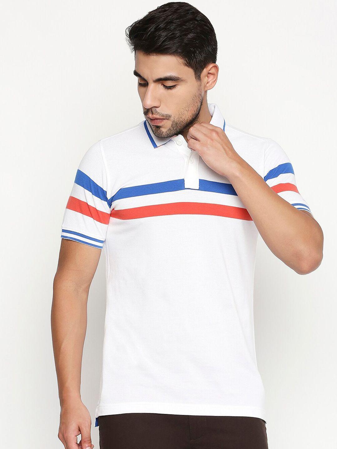basics men white & blue striped polo collar t-shirt