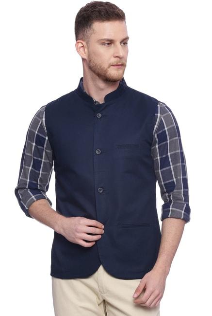 basics-navy-sleeveless-slim-fit-linen-blend-jacket