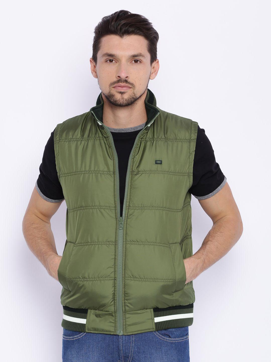 basics olive green comfort fit sleeveless puffer jacket