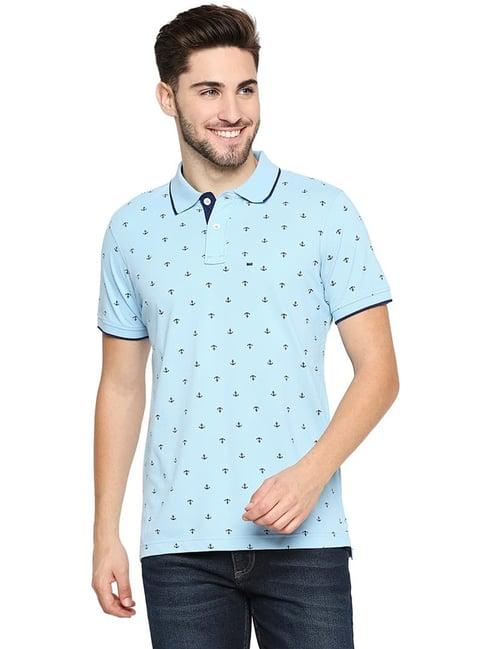 basics airy blue cotton muscle fit printed polo t-shirt
