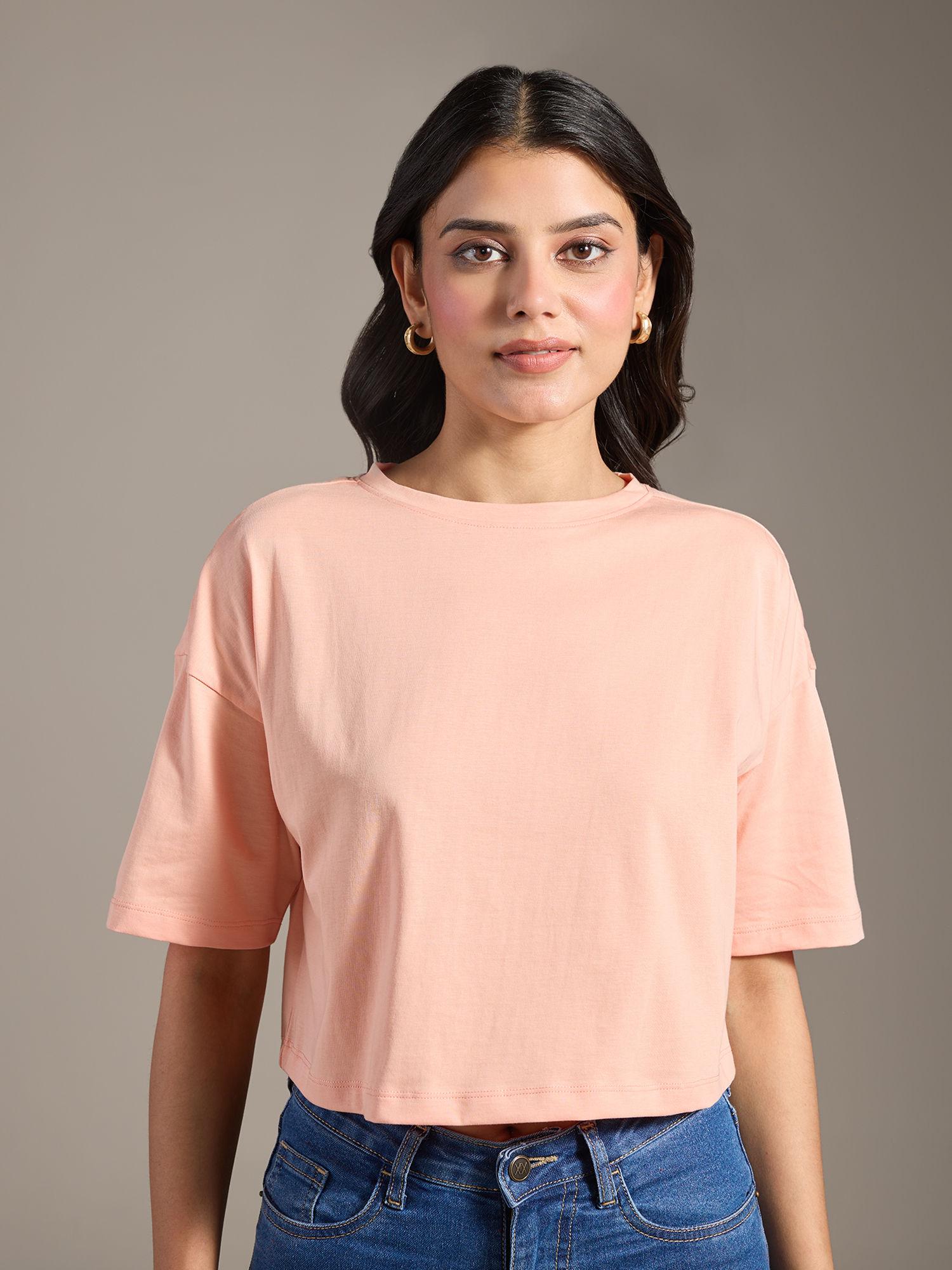 basics apricot solid oversized crew neck crop t-shirt