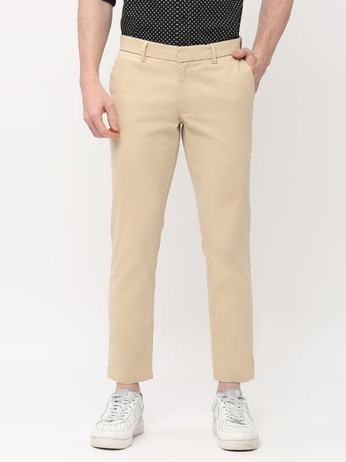 basics beige cotton tapered fit trousers