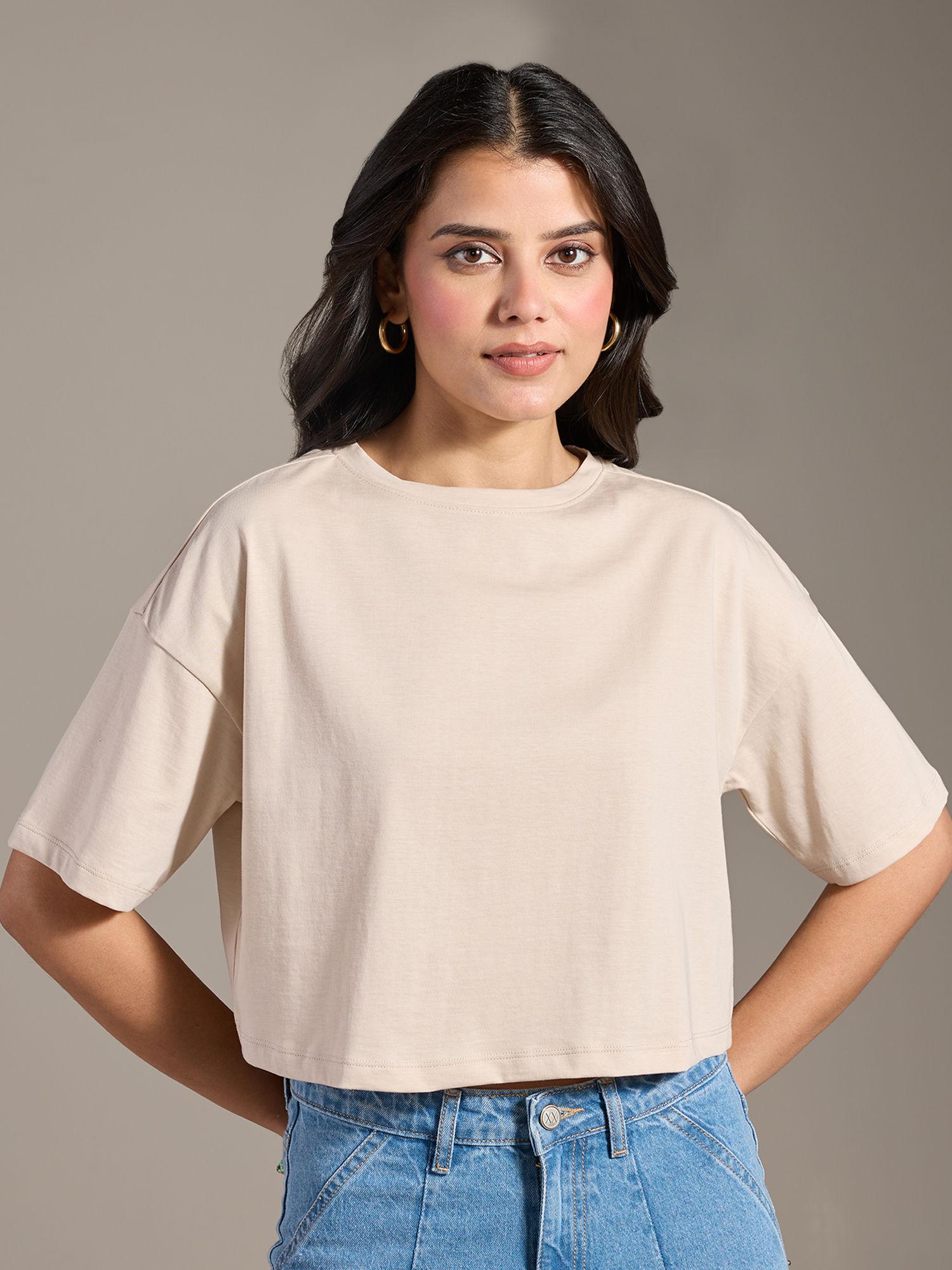 basics beige solid oversized crew neck crop t-shirt