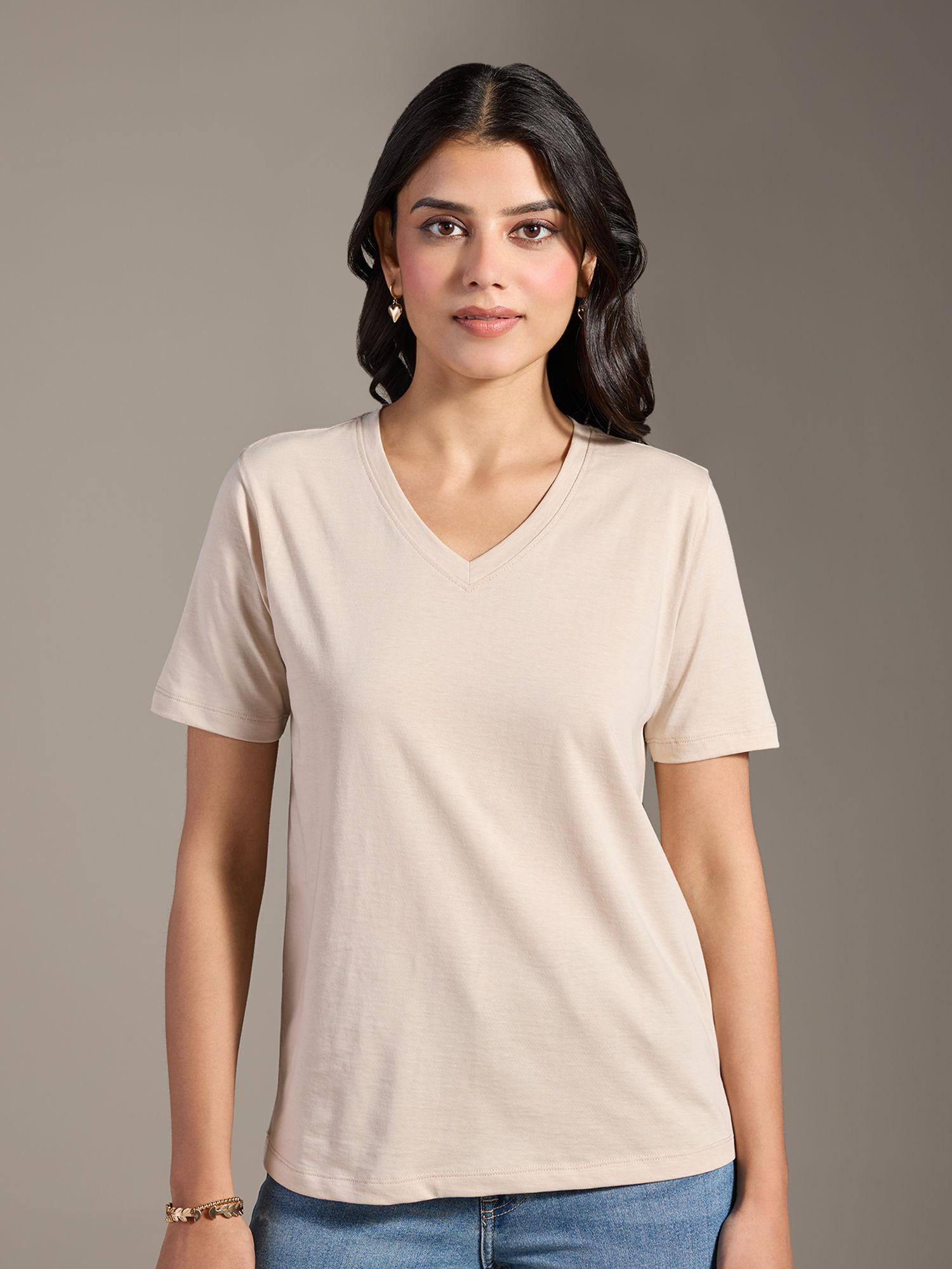 basics beige solid v neck short sleeves t-shirt