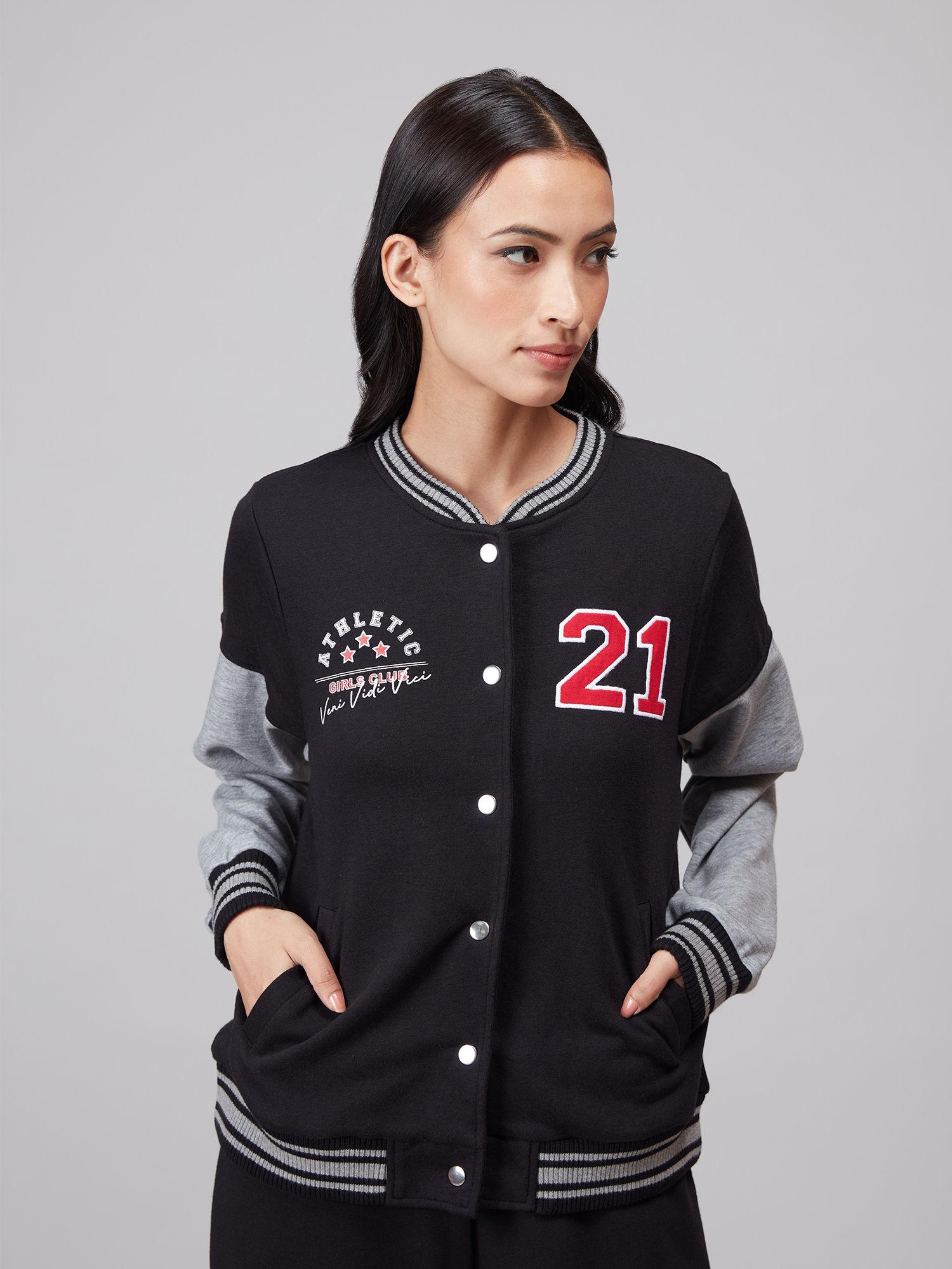 basics black applique embroidery varsity jacket