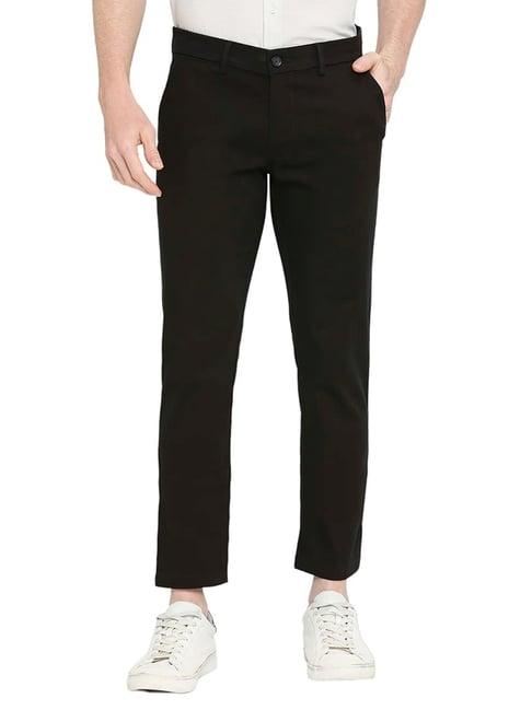 basics black cotton tapered fit trousers