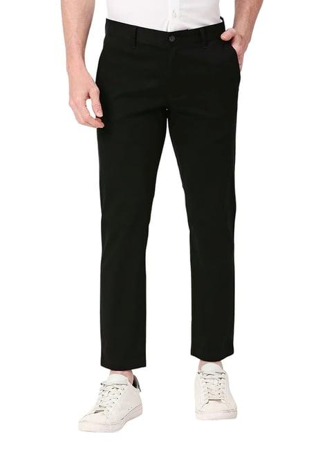 basics black cotton tapered fit trousers