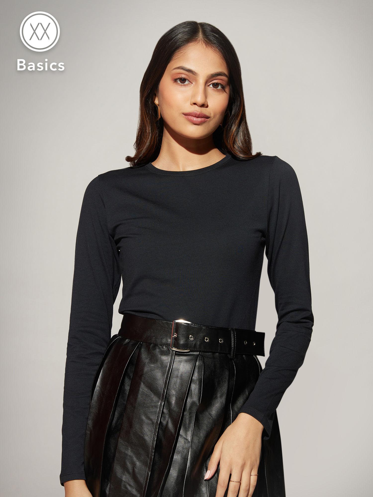 basics black full sleeves round neck t-shirt